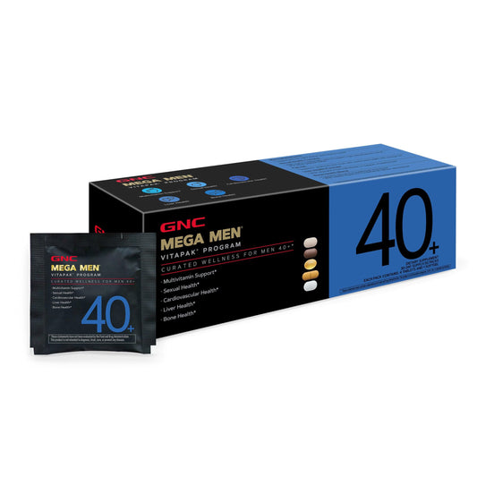 GNC Mega Men 40+ bottle front view supporting daily energy production.