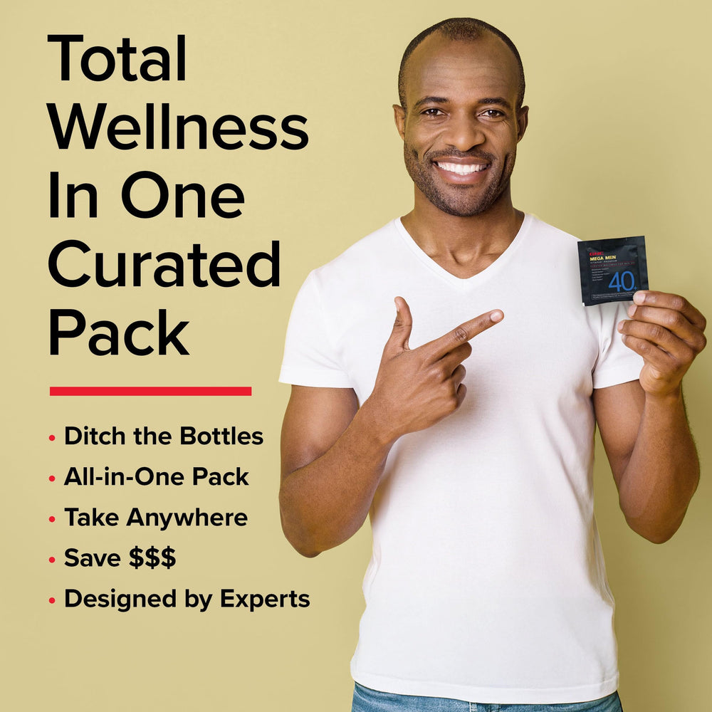 GNC Mega Men 40+ label close-up featuring saw palmetto and pumpkin seed oil for prostate health.