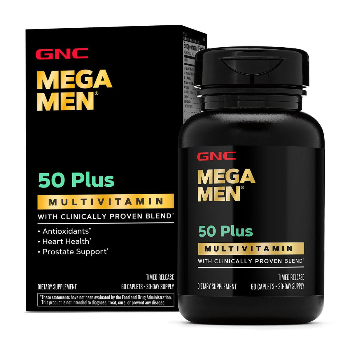 GNC Mega Men 50 Plus bottle front shows 60 caplets for daily energy and immune support