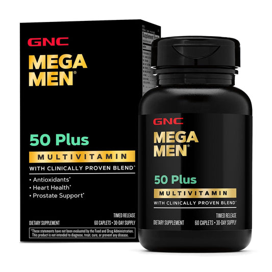 GNC Mega Men 50 Plus bottle front shows 60 caplets for daily energy and immune support