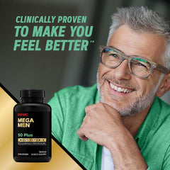 GNC Mega Men 50 Plus daily use scene with glass of water