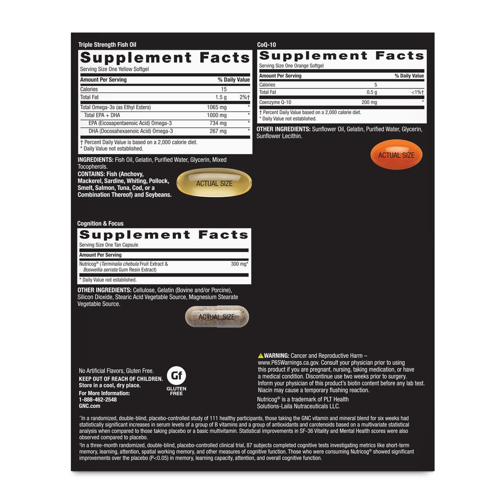 GNC Mega Men 50 Plus Vitapak bottle closeup highlighting heart health support