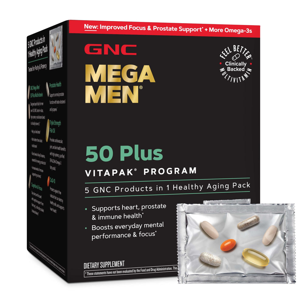 GNC Mega Men 50 Plus Vitapak pack image showing a complete daily kit for energy