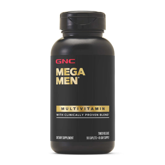 GNC Mega Men bottle front showing caplets for daily immune and energy support.