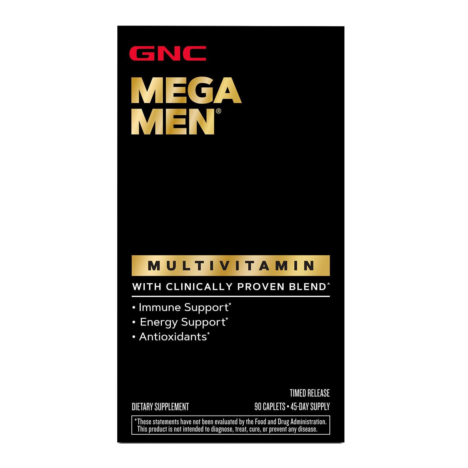 GNC Mega Men bottle top view emphasizing timed-release vitamins for steady nutrition.