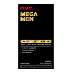 GNC Mega Men bottle top view emphasizing timed-release vitamins for steady nutrition.
