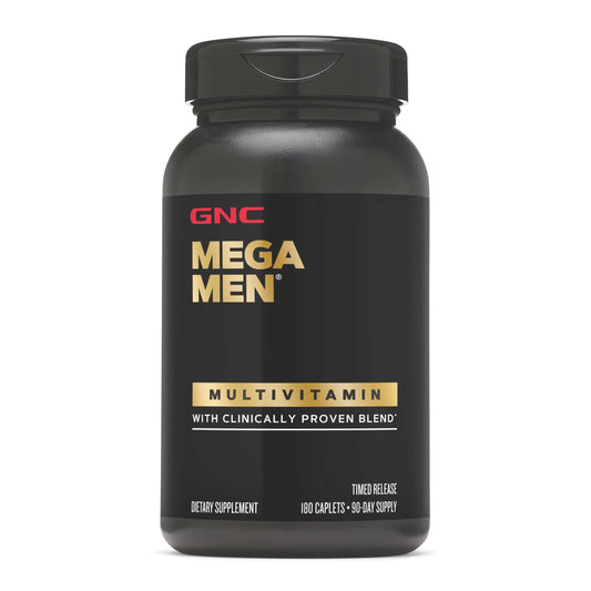 GNC Mega Men caplets bottle for daily immune and energy support.