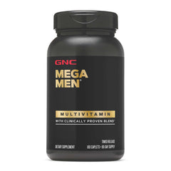 GNC Mega Men caplets bottle for daily immune and energy support.