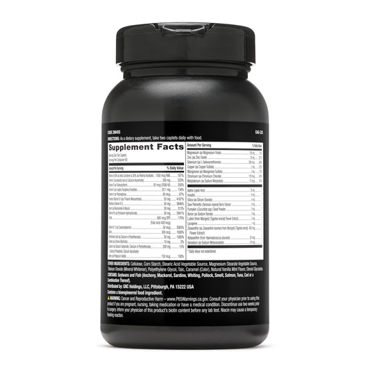 Close-up of GNC Mega Men caplets showing compact design.