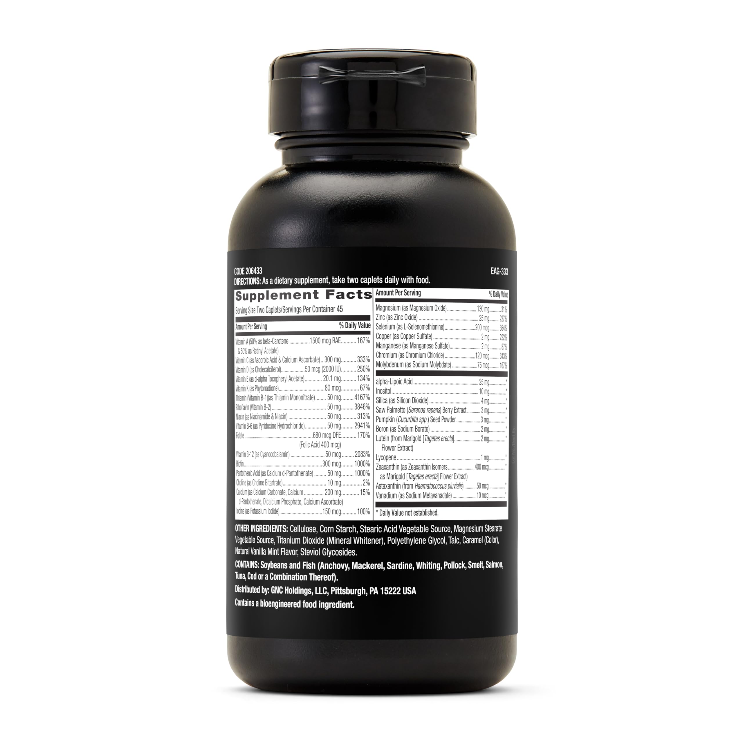 GNC Mega Men caplets close-up highlighting small, easy-to-swallow design for daily use.