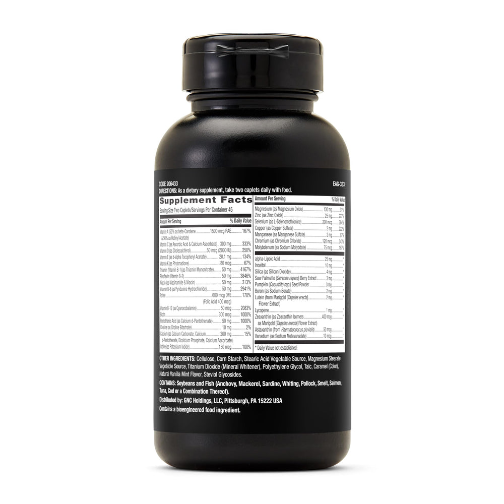 GNC Mega Men caplets close-up highlighting small, easy-to-swallow design for daily use.
