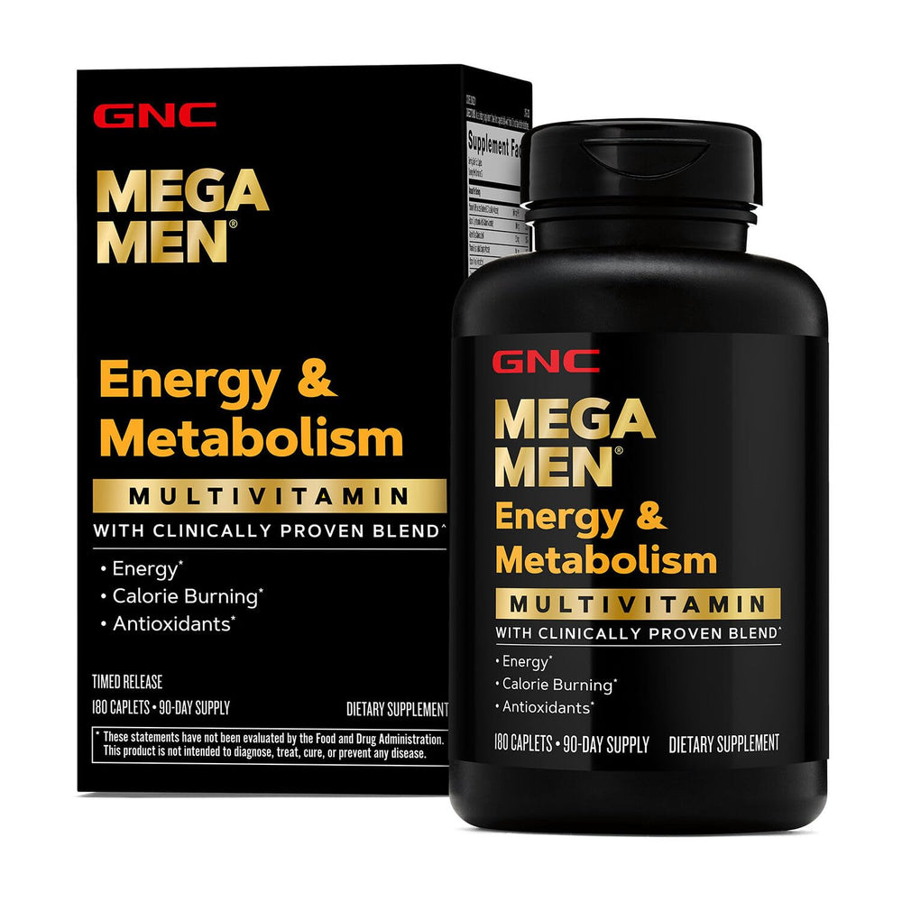 GNC Mega Men Energy and Metabolism bottle front view supporting daily vitality.
