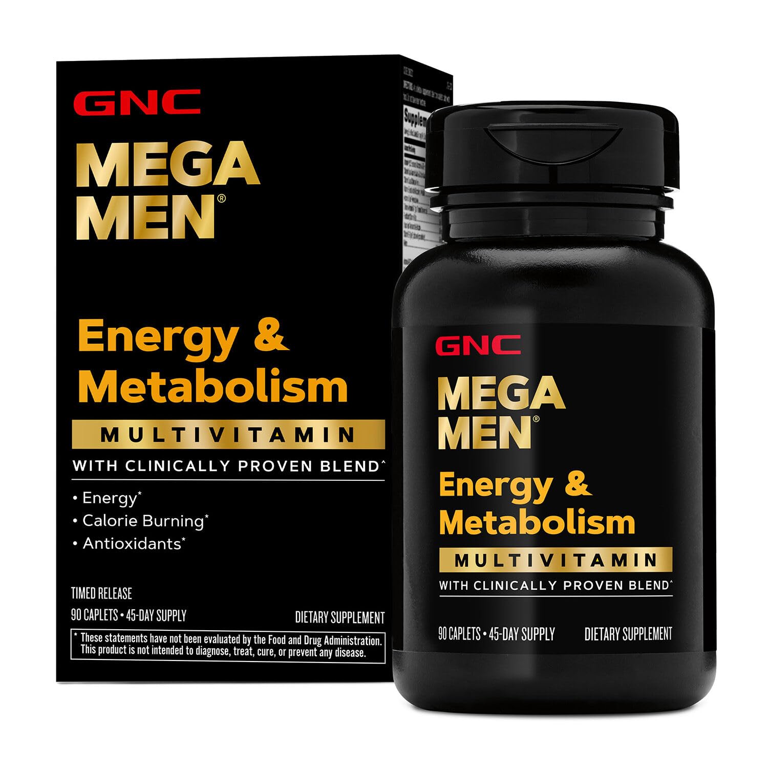 GNC Mega Men Energy Metabolism bottle front showing bold label for daily energy.