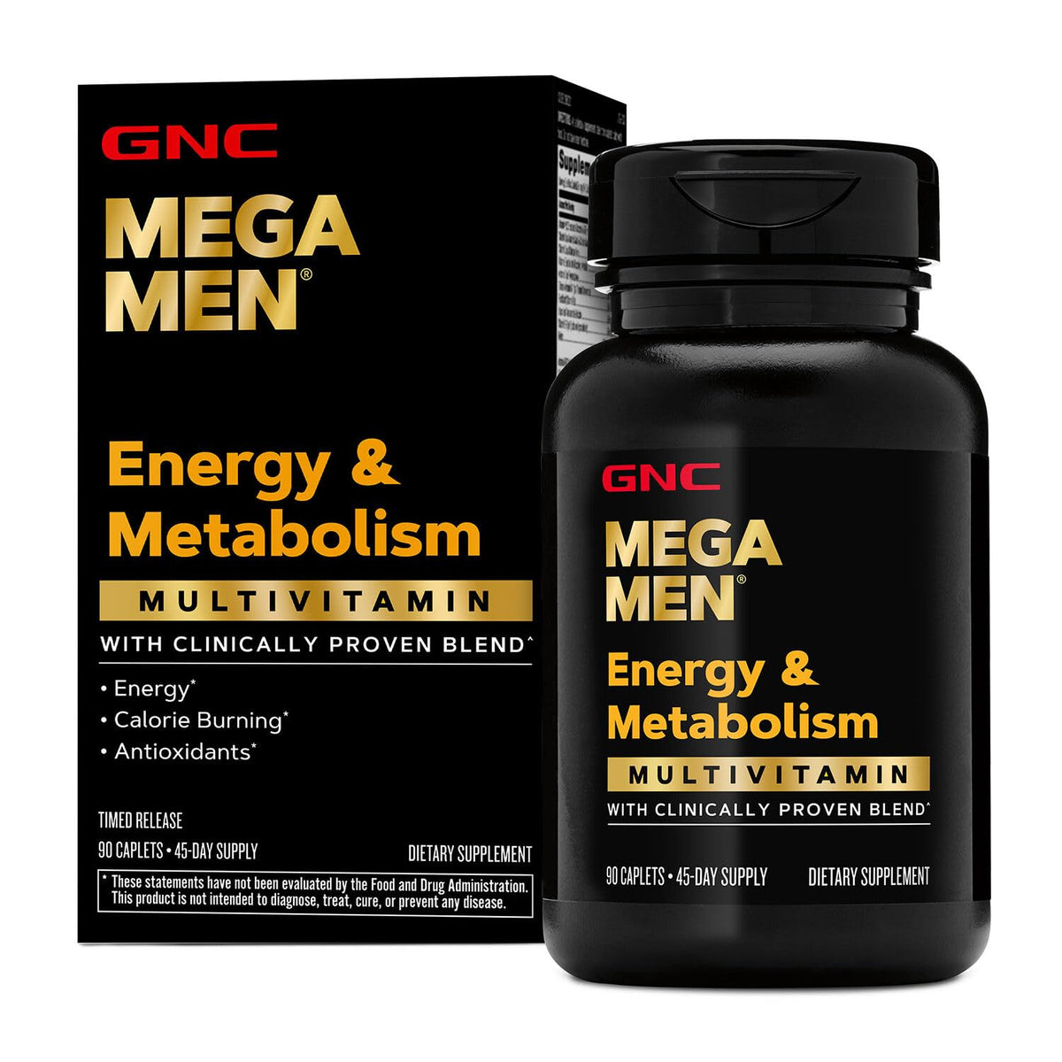 GNC Mega Men Energy Metabolism bottle front showing bold label for daily energy.
