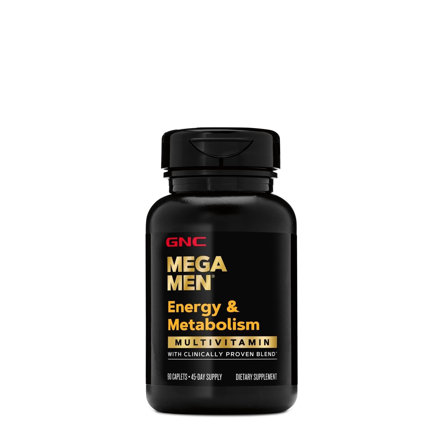 GNC Mega Men Energy Metabolism label detail reveals B vitamins and antioxidants.