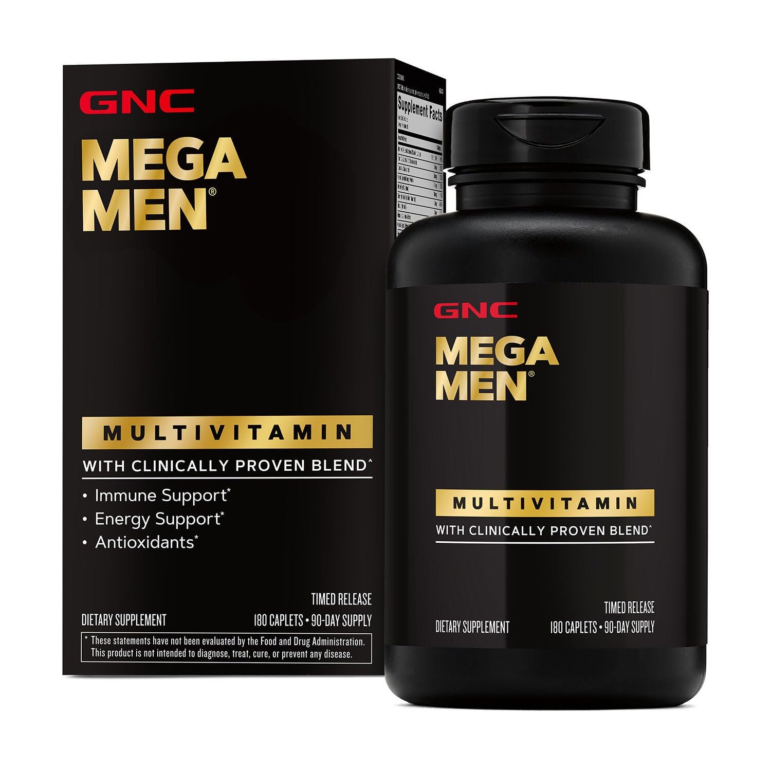 GNC Mega Men multivitamin bottle front showing energy and immune support focus.
