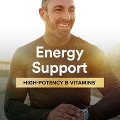GNC Mega Men label close-up with B vitamins and minerals visible.
