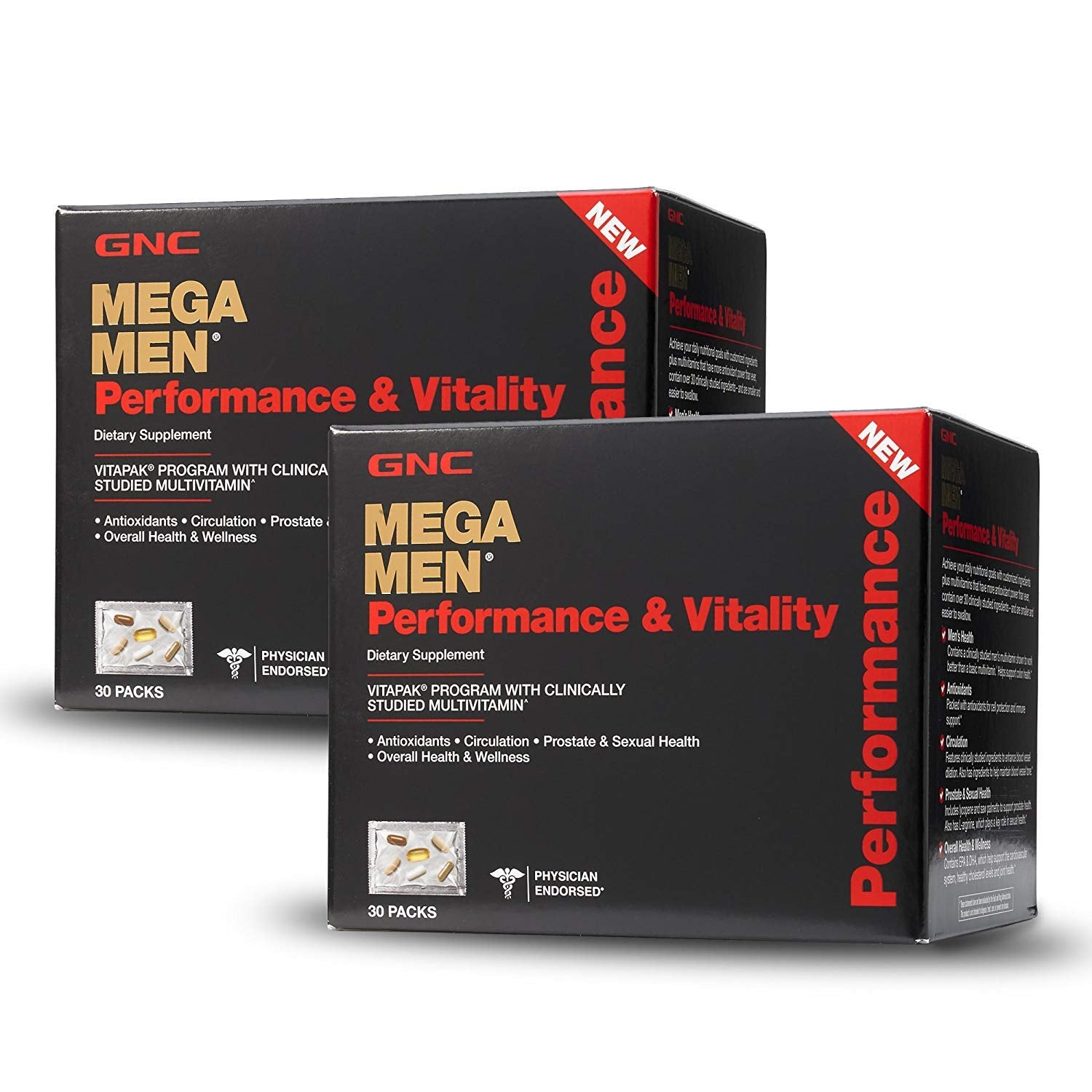 GNC Mega Men Performance Vitality bottle with compact capsules for easy daily nutrition.