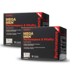 GNC Mega Men Performance Vitality bottle with compact capsules for easy daily nutrition.