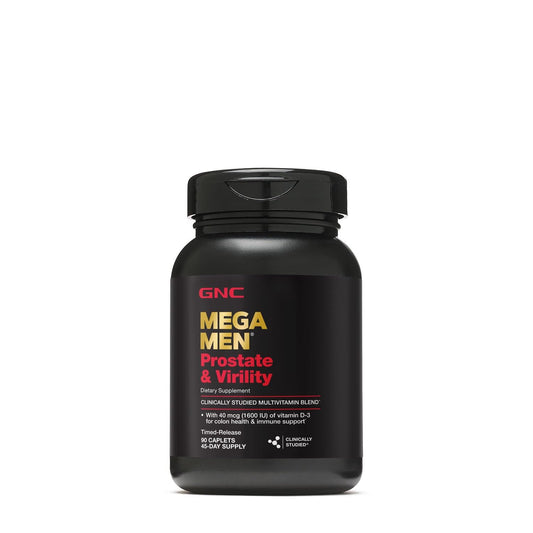 GNC Mega Men Prostate and Virility bottle front with 90 caplets for daily health support