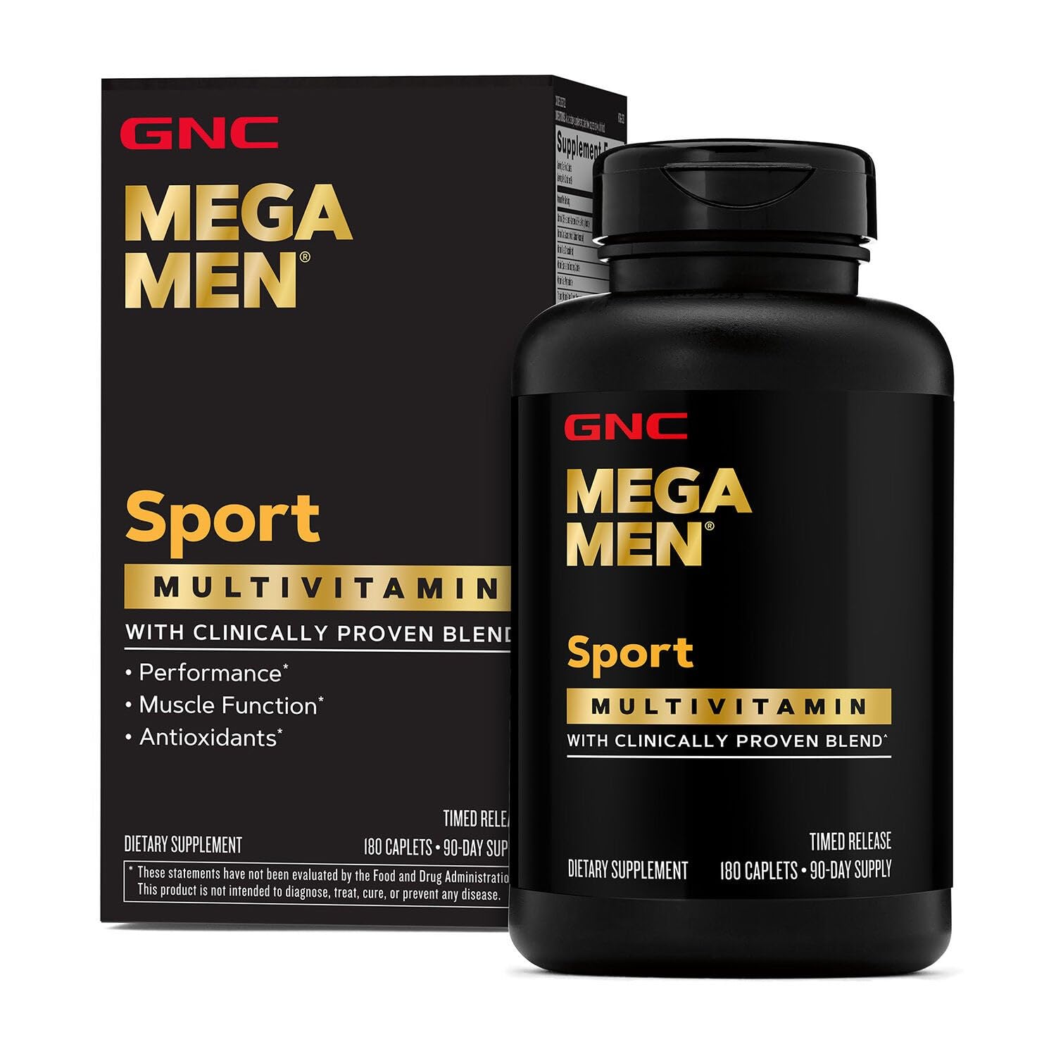 GNC Mega Men Sport bottle front promotes daily energy support for active men.