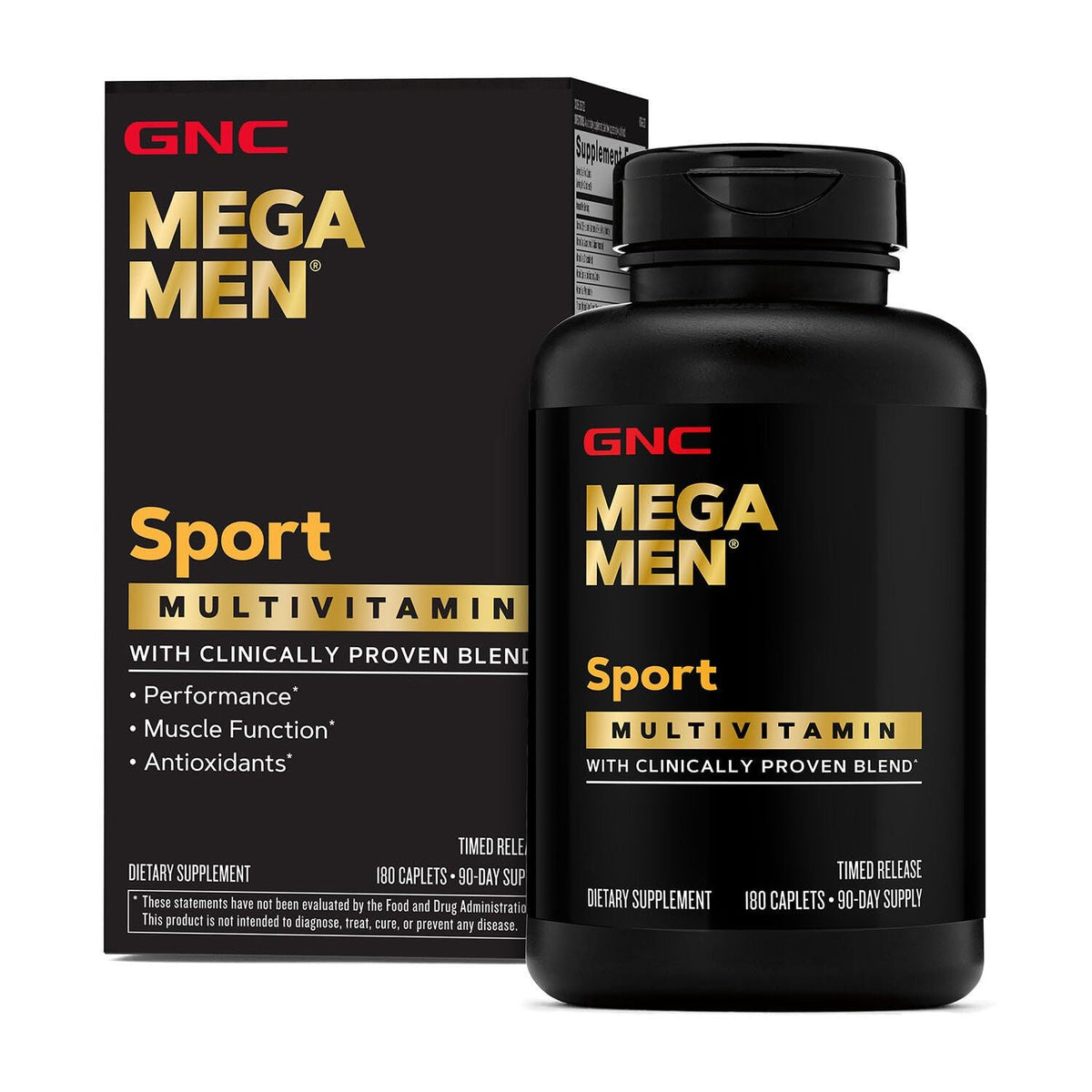 GNC Mega Men Sport bottle front promotes daily energy support for active men.