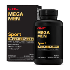 GNC Mega Men Sport bottle front promotes daily energy support for active men.