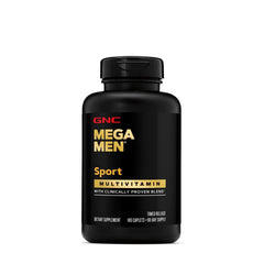 GNC Mega Men Sport bottle with glass illustrates immune support during active days.