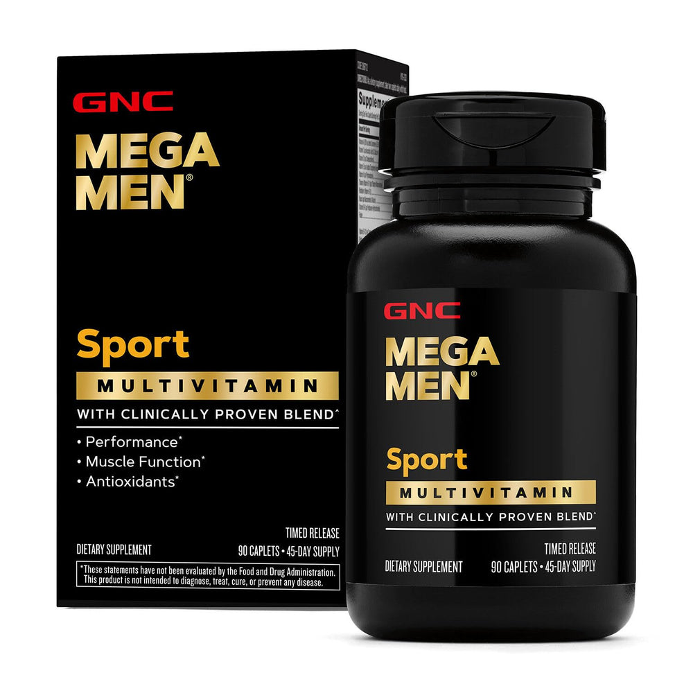 GNC Mega Men Sport bottle showcasing time-release formula for active men