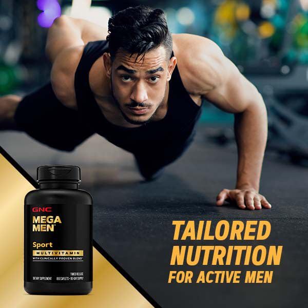 Close-up of Mega Men Sport bottle emphasizing immune support for athletes