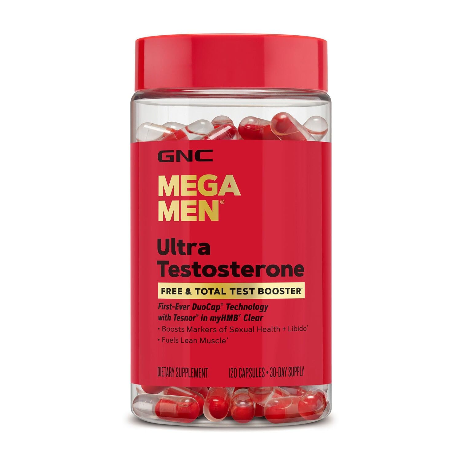 GNC Mega Men Ultra Testosterone bottle front view for energy support.