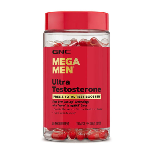 GNC Mega Men Ultra Testosterone bottle front view for energy support.