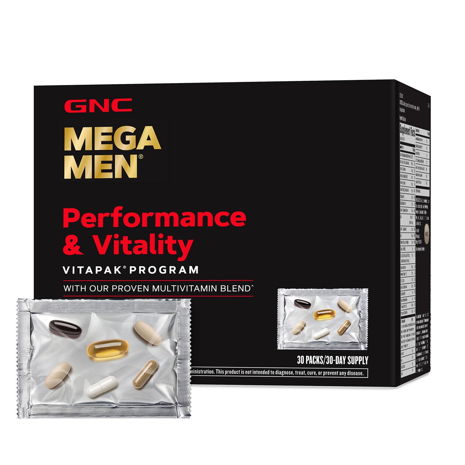 GNC Mega Men Vitapak bottle-pour for convenient daily nutrition.