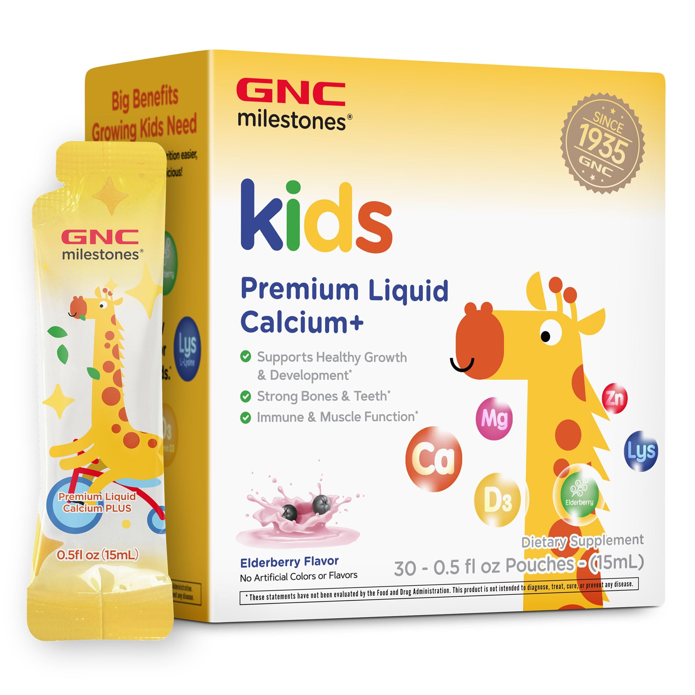 GNC Milestones Kids Premium Liquid Calcium+ elderberry bottle for on the go growth support