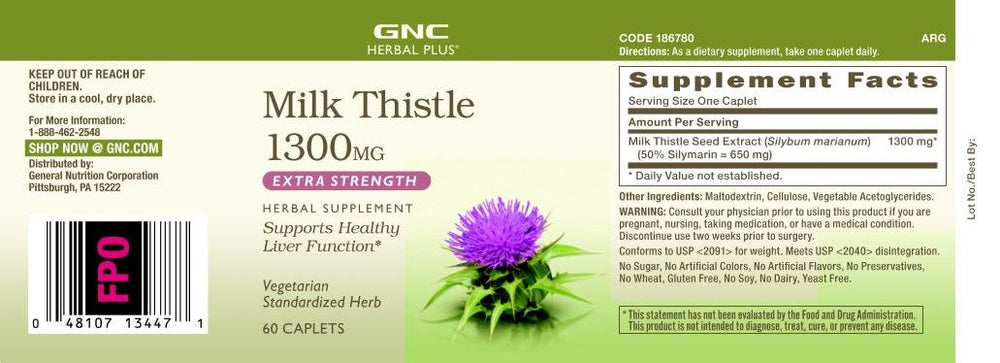 GNC Milk Thistle 1300mg ingredients label shows vegetarian formula with no sugar