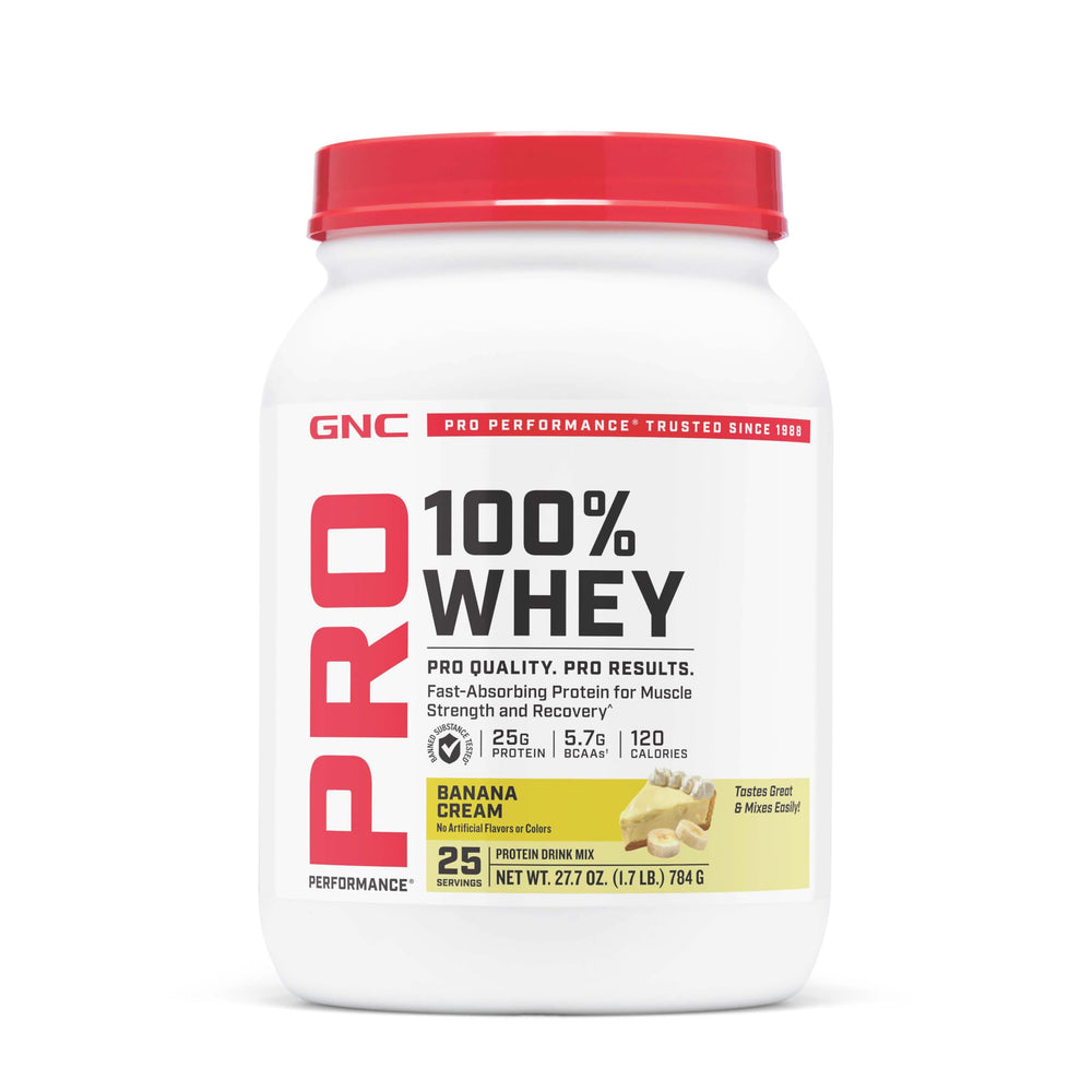 GNC Pro Performance 100% Whey Banana Cream bottle for fast post-workout recovery