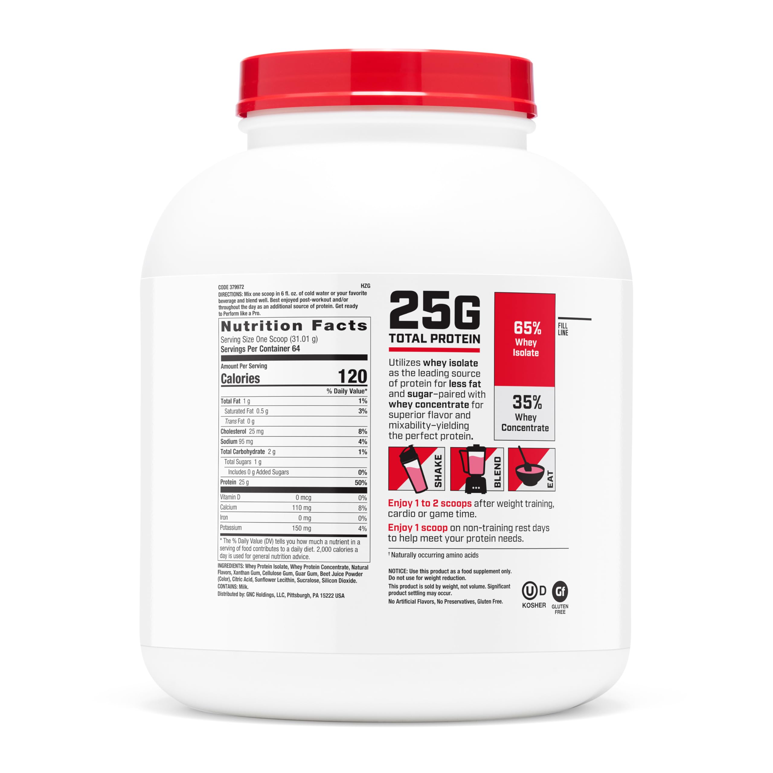 GNC Pro Performance 100% Whey Protein Powder 2.0 scoop showing fast-absorbing protein for recovery