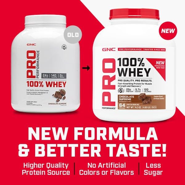 GNC Pro Performance 100% Whey Protein Powder 2.0 shaker with strawberry shake for a tasty workout snack