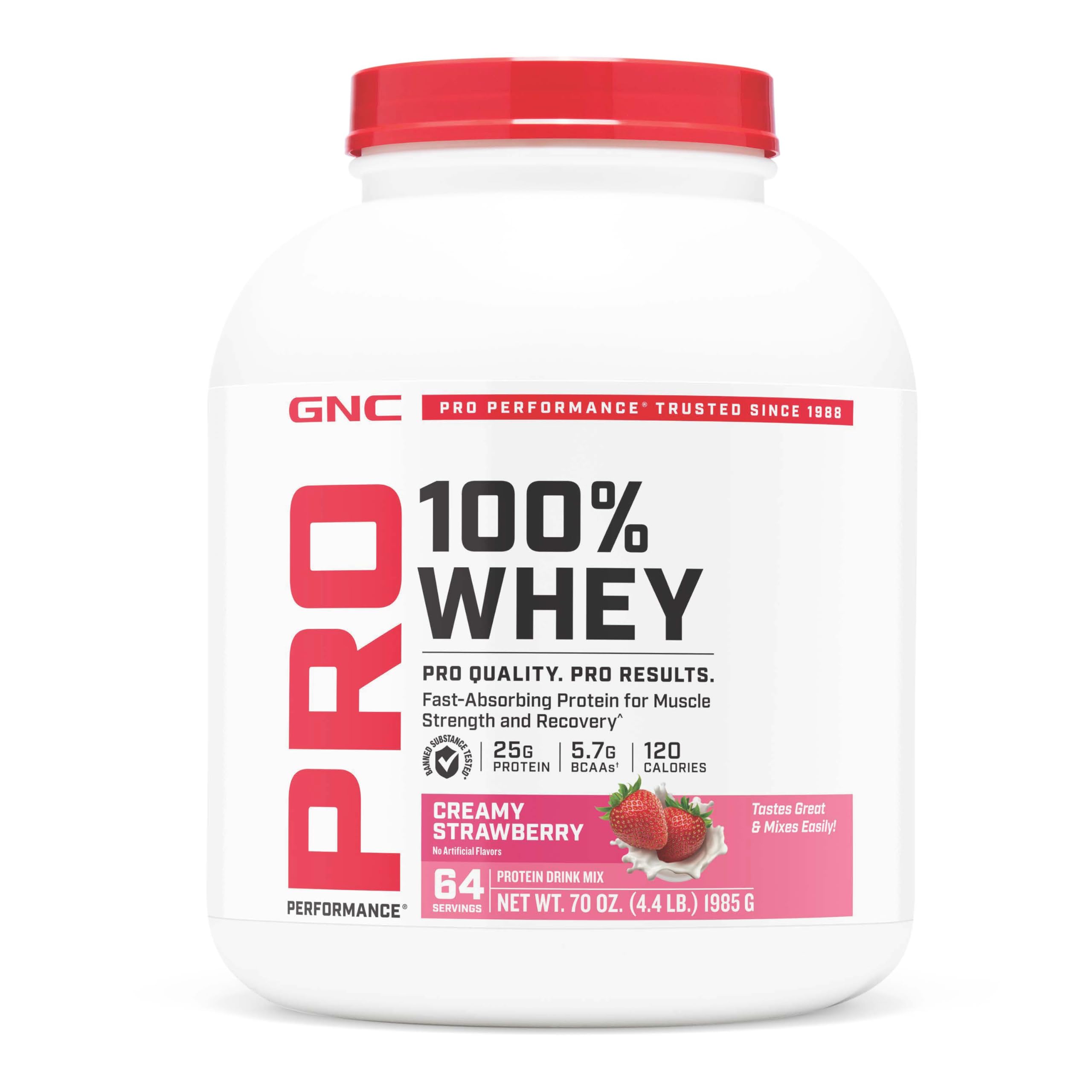 GNC Pro Performance 100% Whey Protein Powder 2.0 strawberry tub for post-workout fueling