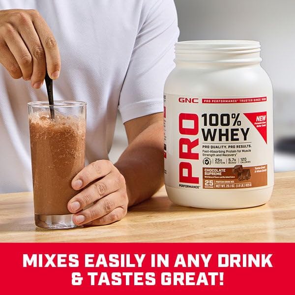 GNC Pro Performance 100% Whey bottle badge indicates banned-substance testing