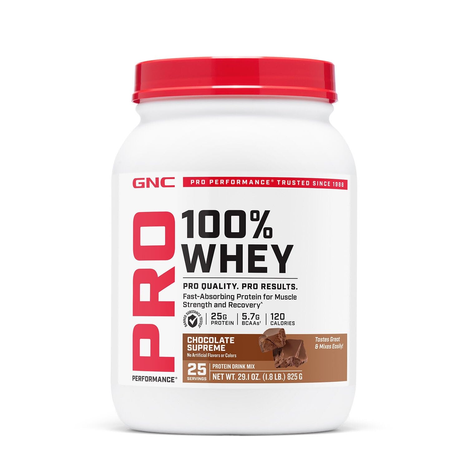 GNC Pro Performance 100% Whey chocolate tub close-up highlighting flavor for post-workout recovery
