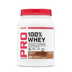 GNC Pro Performance 100% Whey chocolate tub close-up highlighting flavor for post-workout recovery