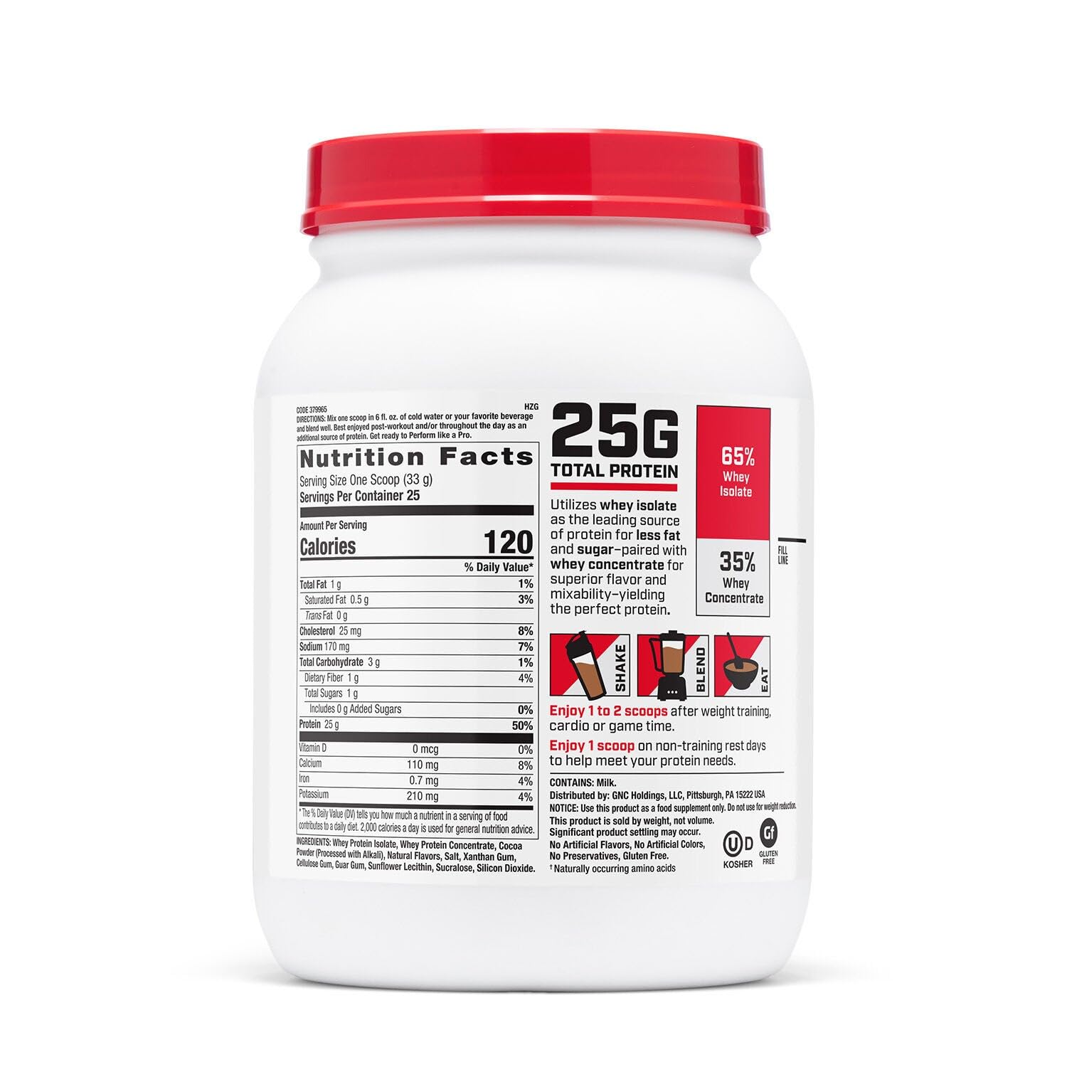 GNC Pro Performance 100% Whey front label shows gluten-free protein option