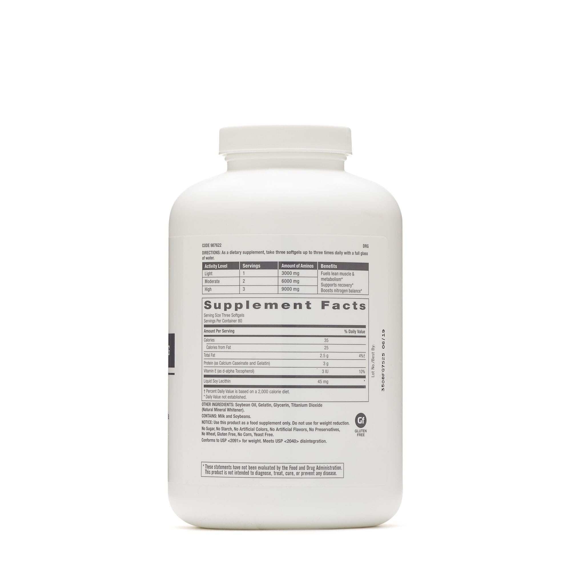 GNC Pro Performance Amino 3000 softgel bottle back label with servings and ingredients