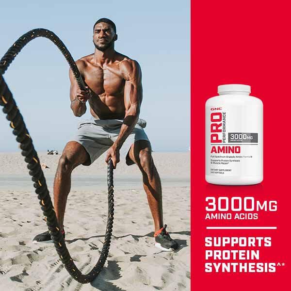 GNC Pro Performance Amino 3000 closeup highlights compact capsules