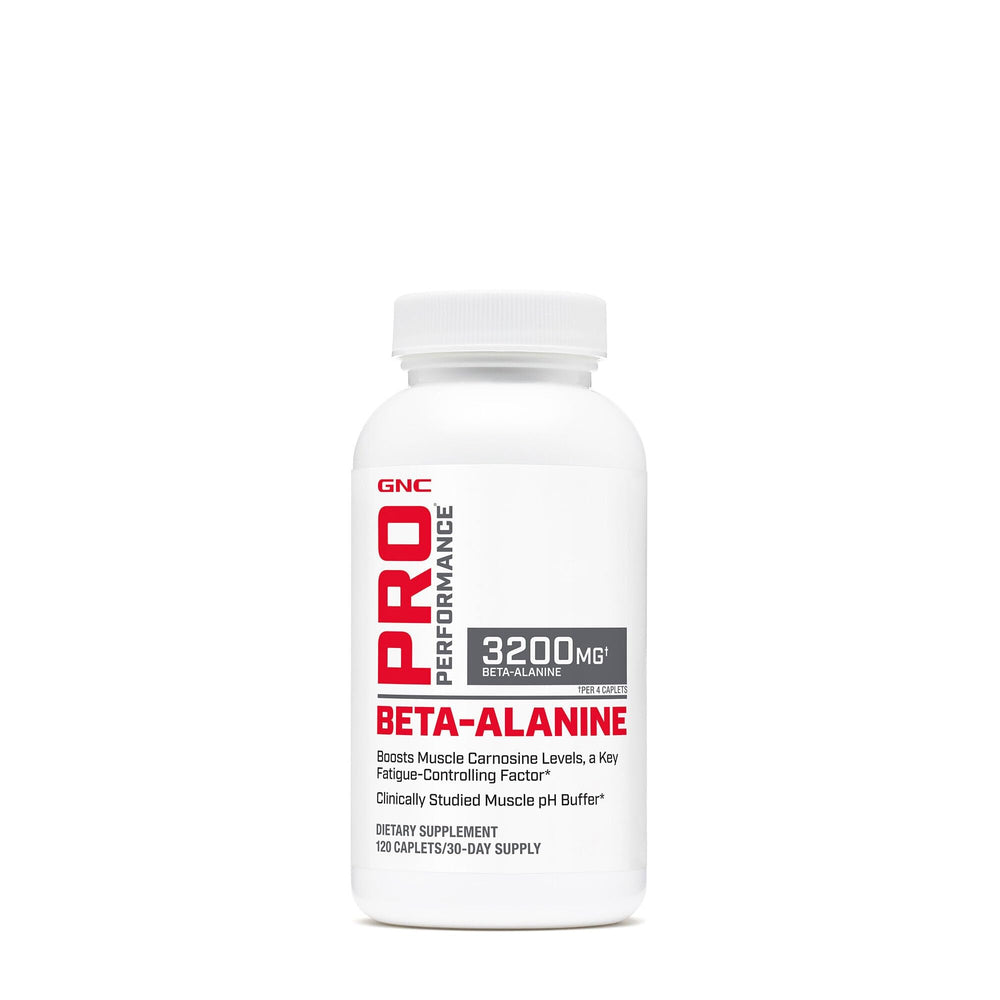 GNC Pro Performance Beta-Alanine bottle label showing clear nutrition facts and quality promise for workouts.