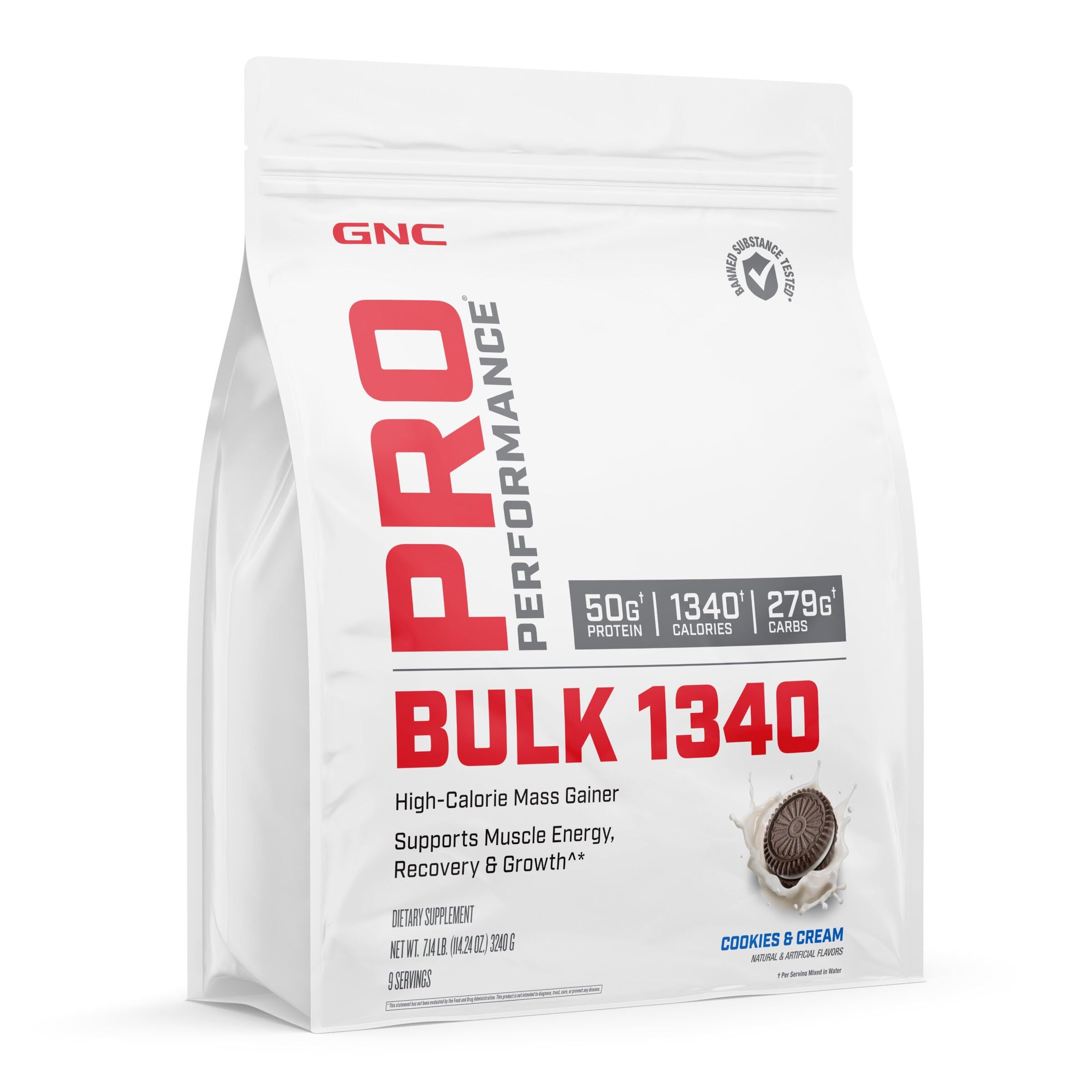 GNC Pro Performance Bulk 1340 mass gainer powder cookies and cream fuels workouts.