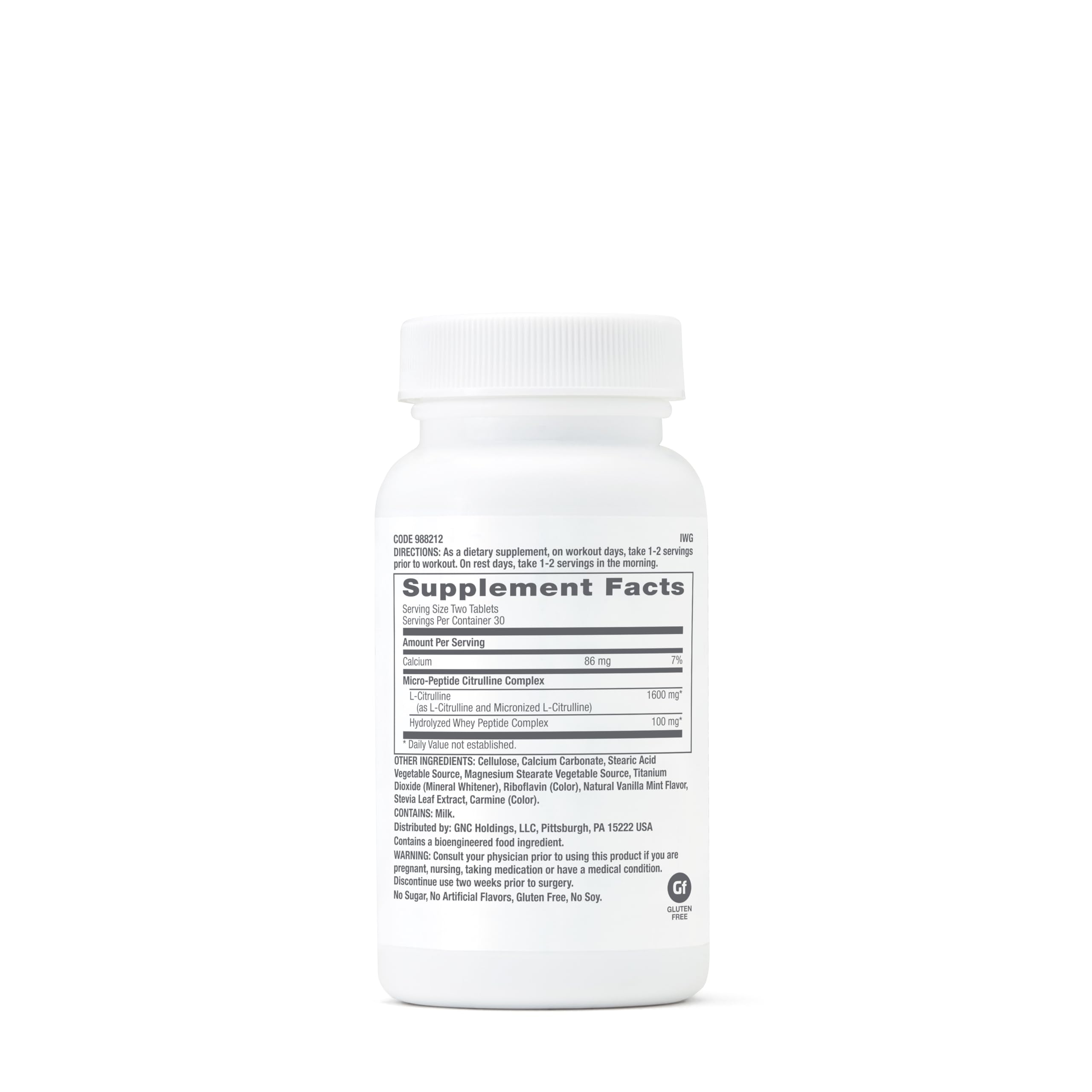 GNC Pro Performance Citrulline Complex 1700mg bottle packaging highlights gluten-free formula