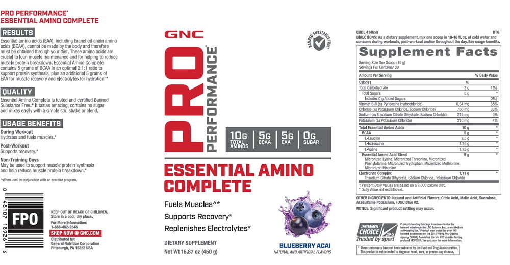 GNC Pro Performance Essential Amino Complete blueberry acai powder-dispense signals convenient on-the-go supplementation