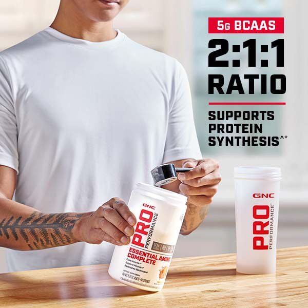 GNC Pro Performance Essential Amino Complete blueberry acai serving-scoop highlights quick-absorbing amino support